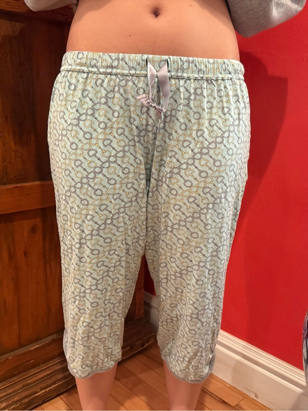 Women's Light Blue Patterned Capris Pants with Drawstring